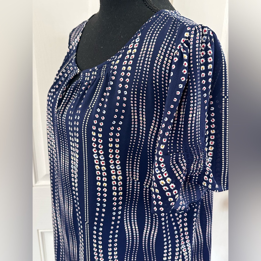 Talbots Navy Blue Floral Blouse with Special Detailing, Large